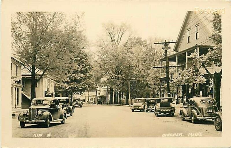 ME, Bingham, Maine, Main Street, 1940s Cars, RPPC