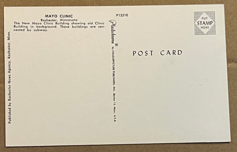 VINTAGE POSTCARD UNUSED - MAYO CLINIC, ROCHESTER, MINN.