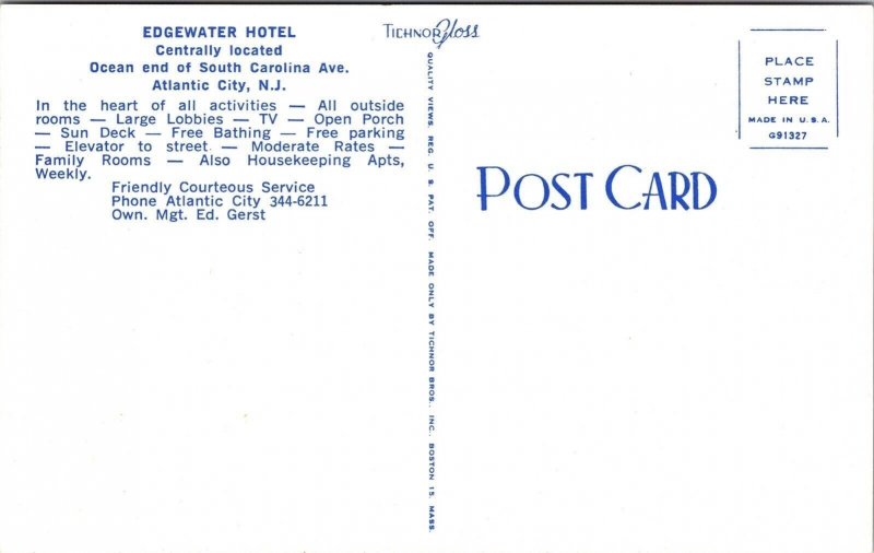 Edgewater Hotel Atlantic City New Jersey Dual View Postcard Interior SC Avenue 