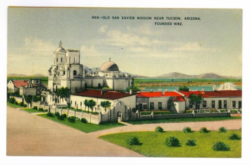 Old San Xavier Mission near Tucson, Arizona, unused Linen Sandoval Postcard