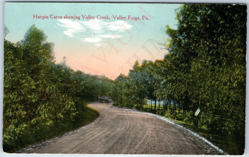 c1910s Valley Forge, PA Hairpin Curve Roadside Auto Roadster Creek Voorhees A205