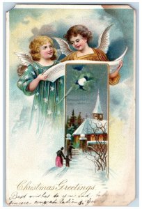 1905 Christmas Greetings Angels Carol Winter Snow Moon View Brooklyn NY Postcard