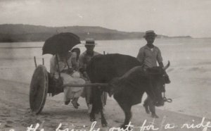 RPPC Guam Ox Cart Beach Family Ride Umbrella c1930s photo postcard G733 