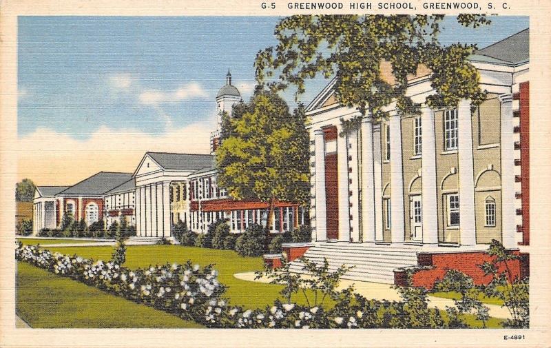 Greenwood South Carolina~High School Campus~1940s Linen Postcard