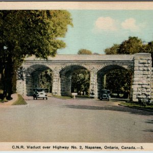 c1930s Napanee ON CNR Viaduct Highway 2 Railroad Bridge Stone Arch Antique Cars
