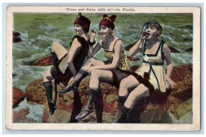 c1910's Come And Swim With Us  In Florida FL, Pretty Girls Scene Postcard 