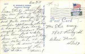 Roscommon Michigan~St Michael's Church~Sign in Yard~Daily Mass~1971 Postcard