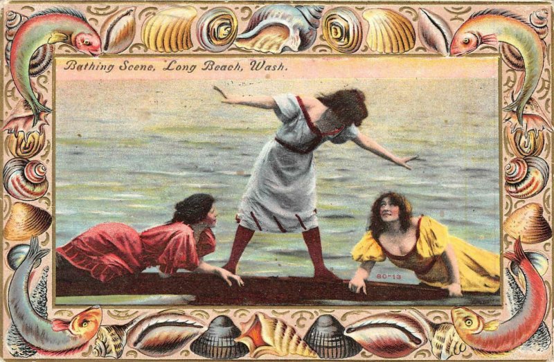 Edwardian Bathing Scene LONG BEACH, WA Seashell Border 1911 Vintage Postcard