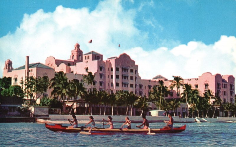 Vintage Postcard Sport Outrigger Canoeing at Waikiki Beach Royal Hawaiian Hotel