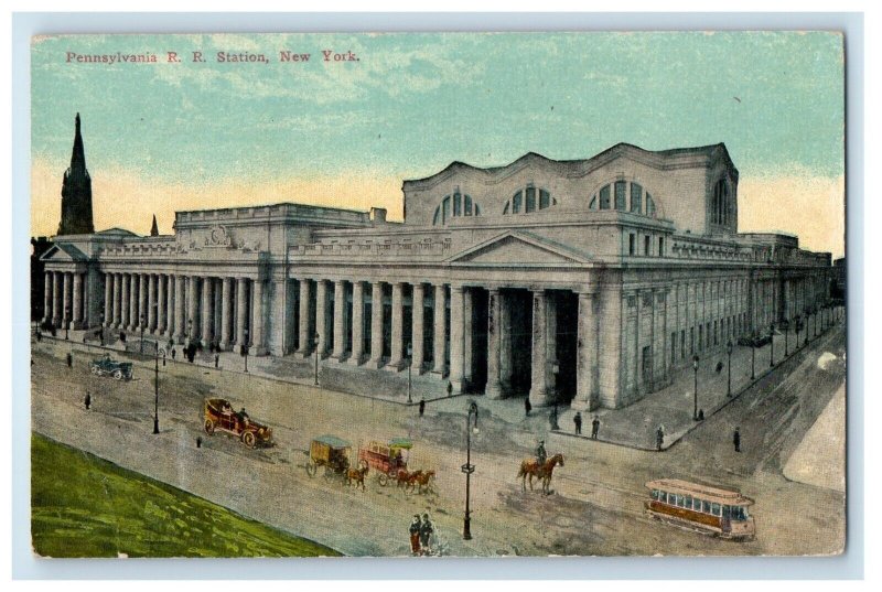 Pennsylvania Railroad Train Station Depot Terminal Cars NY Postcard 