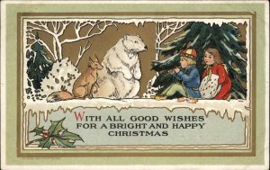 A/S CG Jr. Christmas Fantasy Boy Plays Flute Fox and Polar Bear c1910 Postcard 