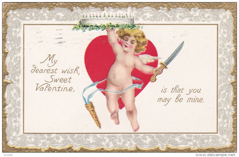 TUCK #1; VALENTINE´S DAY; To my Valentine, Cupid holding large cake over hea...