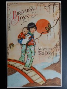 Japanese Style 'Birthday Joys be Yours Today' Artist Kurt Maison - Old Postcard