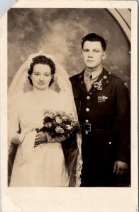 Bride and Handsome Military Groom RPPC Wedding Portrait Postcard Z22