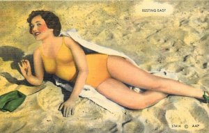 Postcard 1940s Sexy woman bathing suit recycling beach Peterson TP23-1100