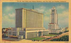 USA Post Office and Federal Building City Hall Los Angeles Linen Postcard 07.15