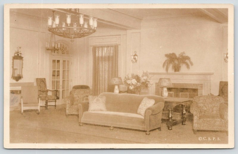 Concord NH~Christian Science Pleasant View Home Interior~Living Room~1930s RPPC 