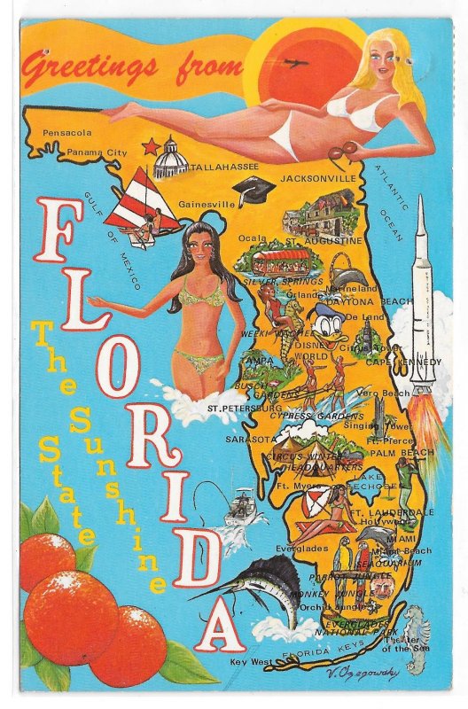 Florida Map Illustrated Cities Bathing Beauties Sunshine State Vintage Postcard