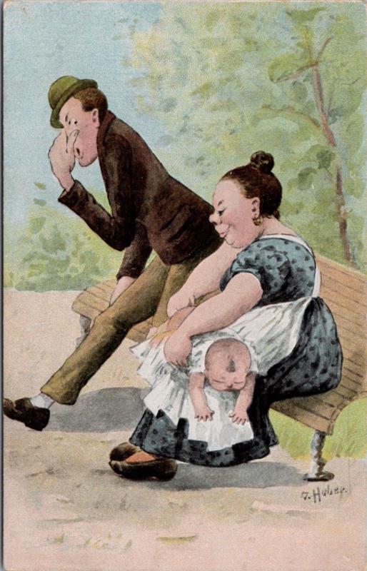 Diaper Change Man Woman Baby Smelly Stinky Poop Comic Huber Unused Postcard D48