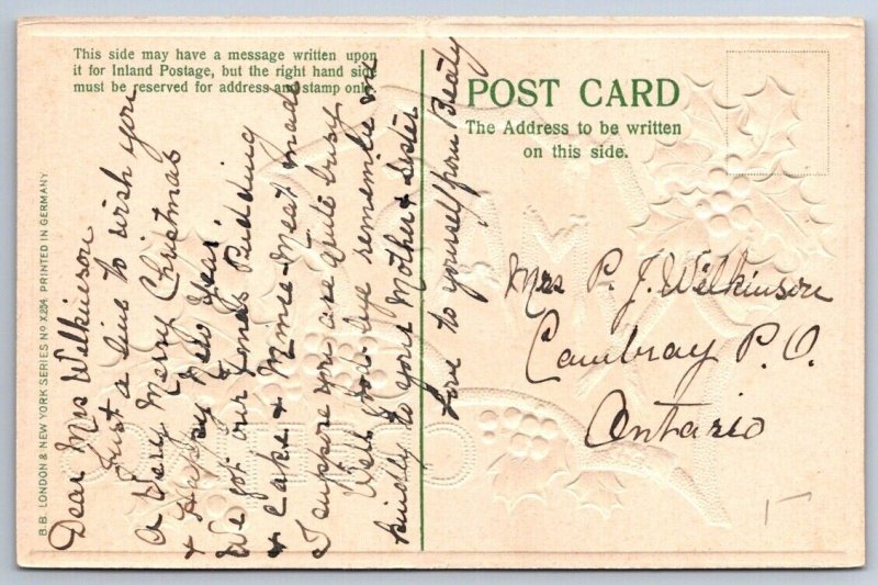 Xmas Greetings, Holly, Antique Embossed BB London Christmas Postcard