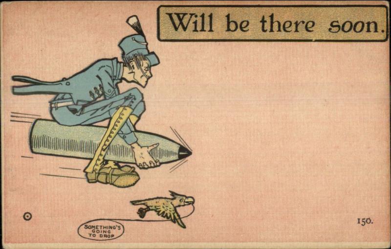 Man Flying on Speeding Bullet - Train Worker? BE THERE SOON c1910 Postcard