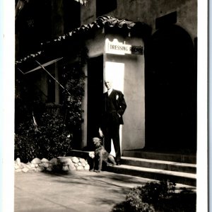 c1930s Gentleman Outdoors w/ His Dog RPPC Dressing Room Real Photo Man Sun A160