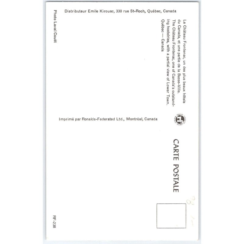 Postcard Chateau Frontenac Quebec Canada Famous Landmark