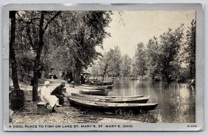 St Mary's Ohio~Cool Place to Fish on Lake~Boats~Boat House~1942 Silver Border PC