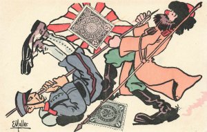 EMuller Artist Japan--Korea War Soldiers Down But not Out Stamps Postcard