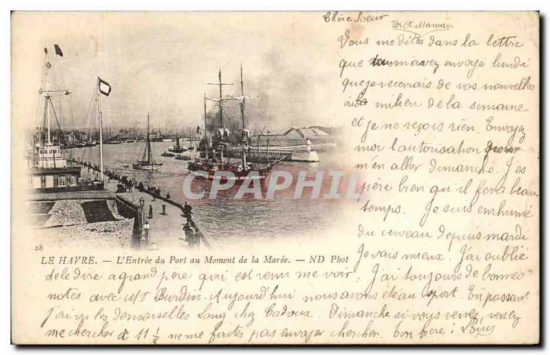 Old Postcard Le Havre L & # 39Entree Port at Time of Maree Boat