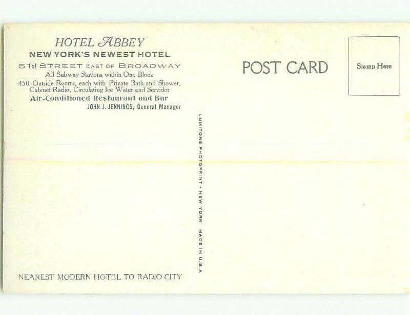 Unused 1930's ABBEY HOTEL New York City NY hr9985-13