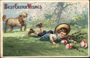 Easter Little Boy with Lamb Trips Eggs Pussy Willows c1910 Vintage Postcard