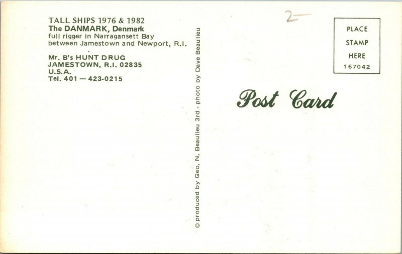 Vtg Danmark Full Rigger Saling Ship in Narragansett Bay Rhode Island RI Postcard