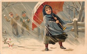 L175 Winter Children Umbrella litho vintage postcard