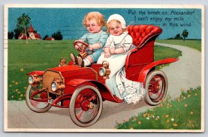 PFB~Marie Flatscher Boy & Girl In Red Auto~Baby Bottle~Ser 7318~c1910 Vintage PC