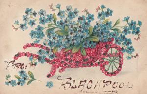 Blackpool Wheelbarrow With Glitter Flowers Antique Greeting Postcard