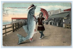 1917 Giant Fish with Cap and Lady, A Planked Shad and A Chicken NJ Postcard