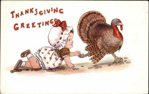 Thanksgiving Toddler Crawls After Turkey Animal Kindness c1910 Vintage Postcard