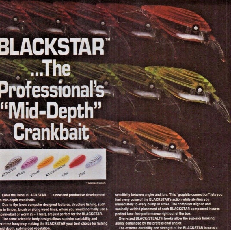 1987 Rebel Blackstar Crankbait Old Fishing Lures Print Ad