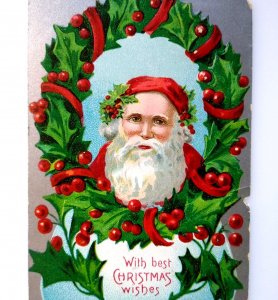 Santa Claus Christmas Postcard Wreath Holly United Art 1909 Germany Embossed