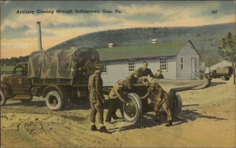 Army Truck Towing Cannon Artillery Indiantown Gap PA WWI Linen Postcard