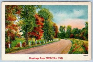 GREETINGS FROM MEDORA INDIANA*VINTAGE LINEN POSTCARD*TO DILLARD*LaMARQUE TEXAS 