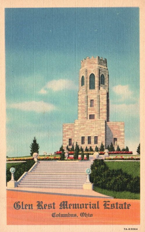 Vintage Postcard 1930's Chimes Tower Glen Rest Memorial Estate Reynoldsburg Ohio 