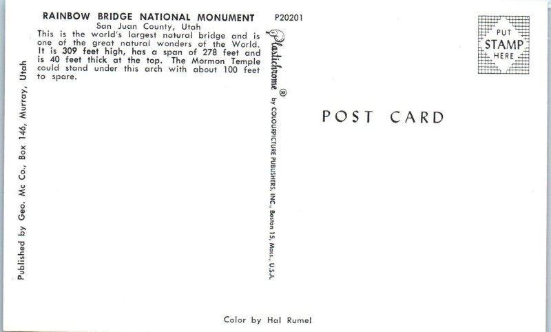 RAINBOW BRIDGE NATIONAL MONUMENT, UT Natural ARCH BRIDGE  c1950s   Postcard