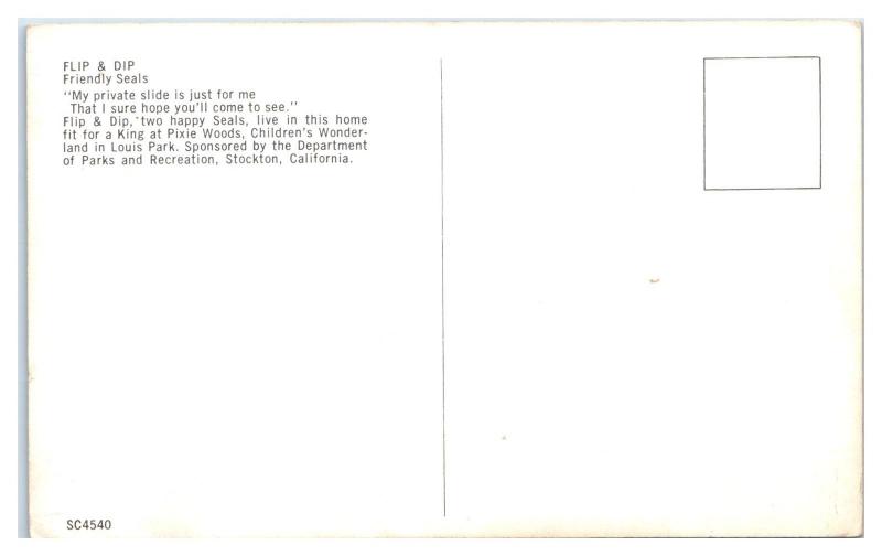 1950s/60s Flip and Dip Seals, Pixie Woods, Stockton, CA Postcard