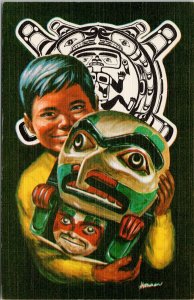 Indigenous Boy Kwakuitl Carving Pacific Northwest & Alaska Indians Postcard G38