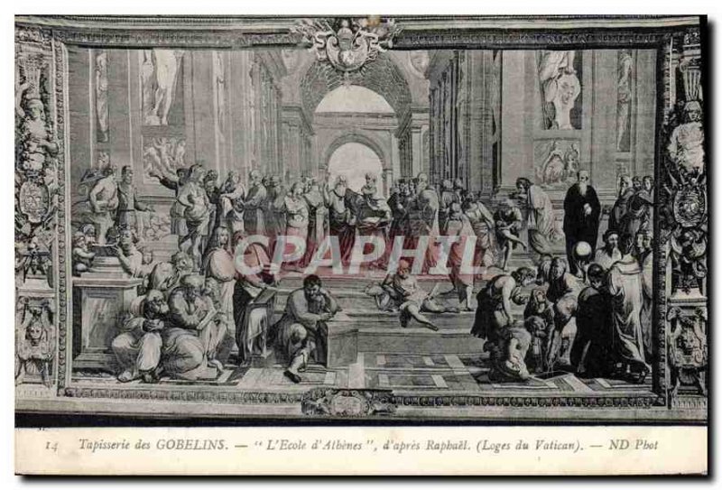 Old Postcard Tapestry Gobelins School of Athens by Raphael after Loges Vatican