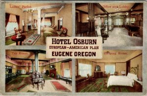 Eugene OR Hotel Osburn Interior Parlor Office Lobby Tea & Sleep Rm Postcard T18