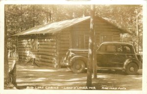 Land O Lake Wisconsin Big Lake Cabins Rice Maid autos RPPC Postcard 25-11255