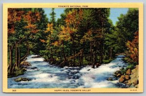 Vintage California Postcard - Yosemite National Park - Happy Isles